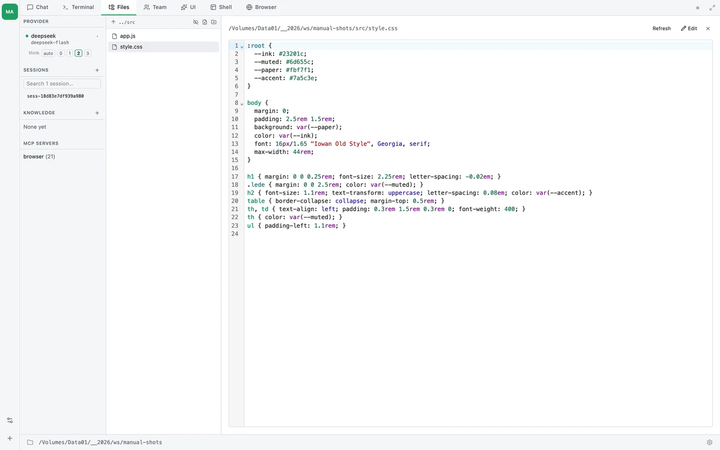Files-tab preview mode — style.css through CodeMirror, with the Refresh / Edit controls top-right