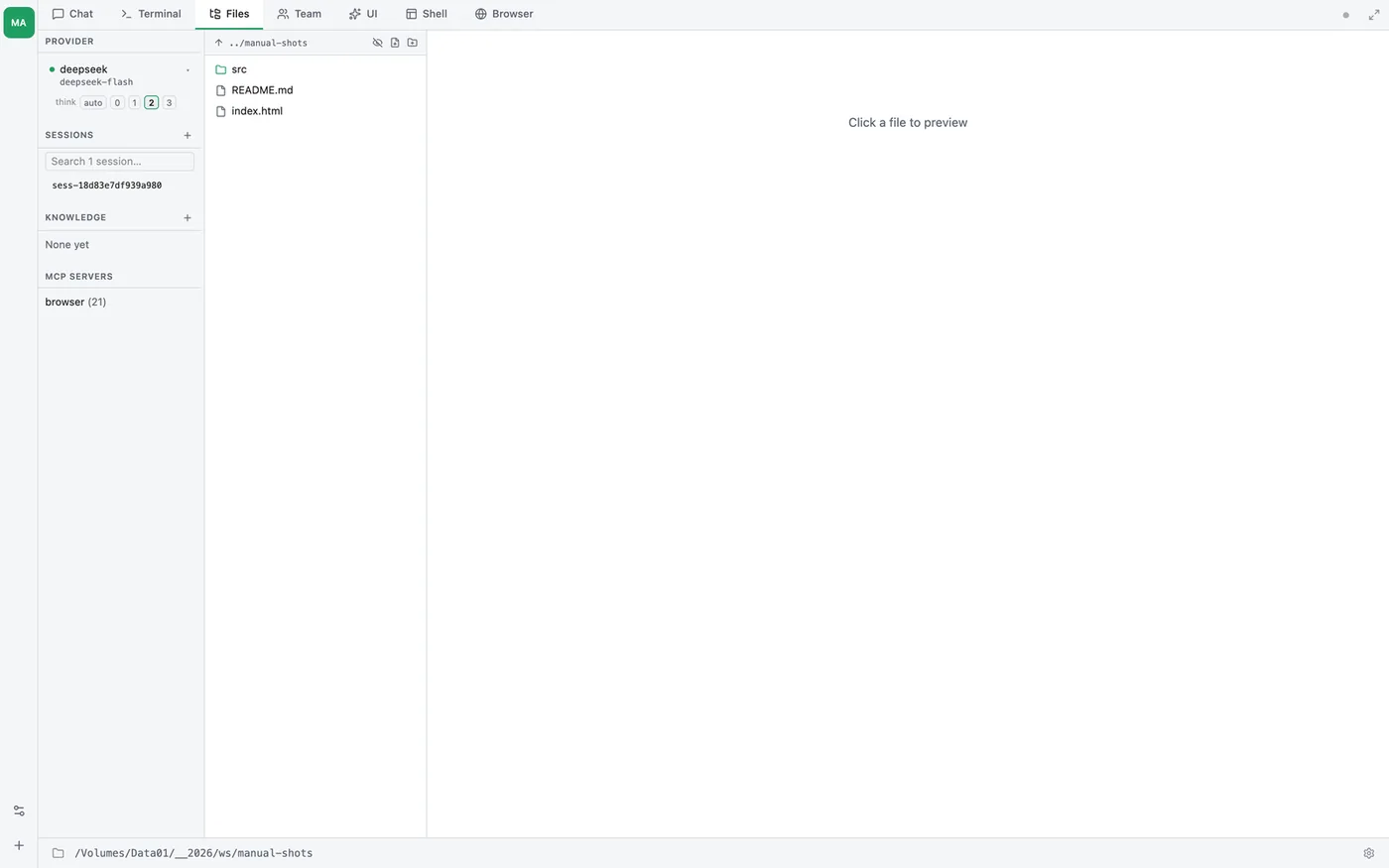 Files tab — the project tree on the left, a file's contents on the right