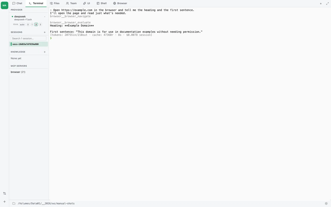 Terminal tab — the same conversation as the Chat tab, rendered as the REPL you get from thclaws --cli